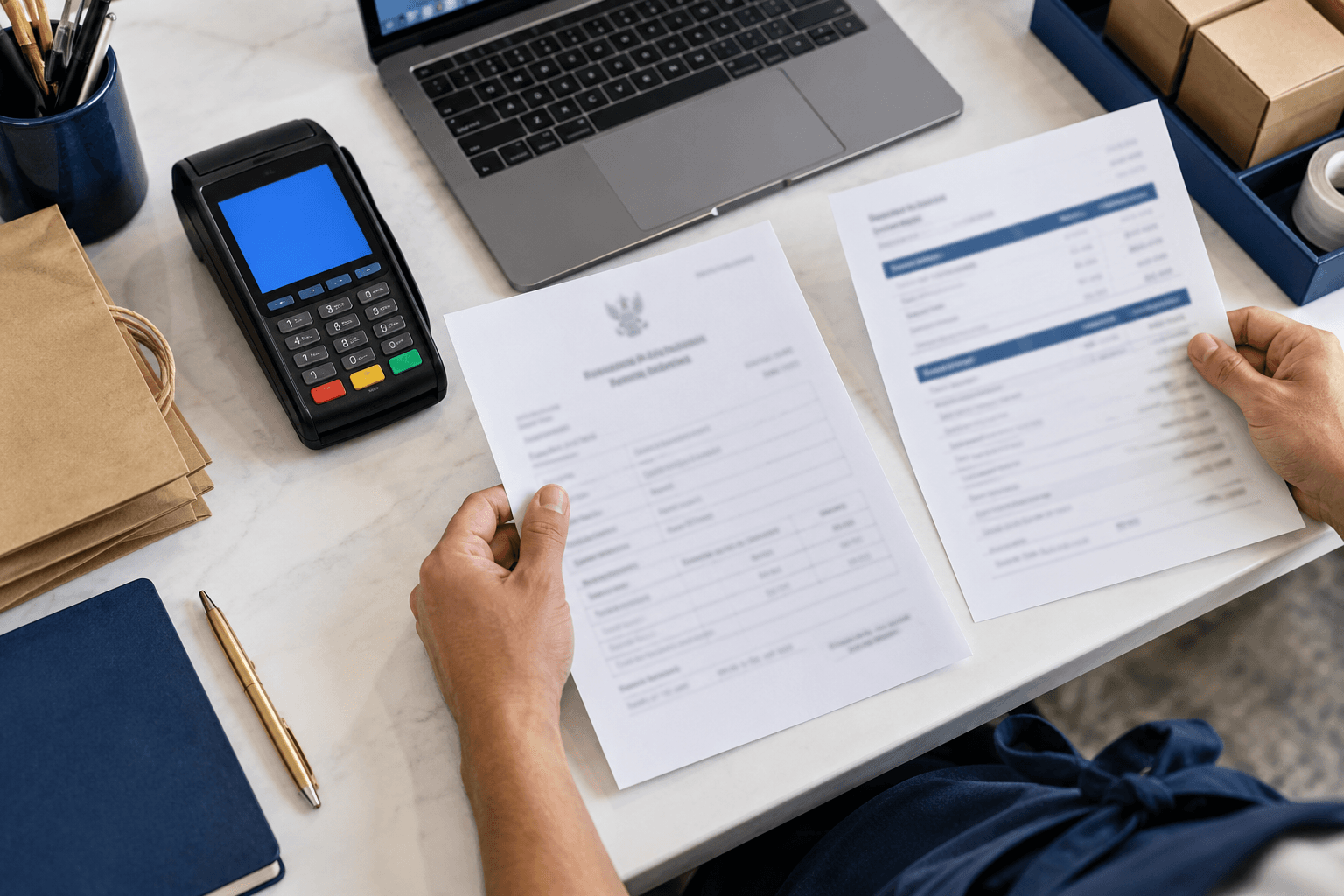 Illustration of company and banking documents being checked beside a merchant payment terminal