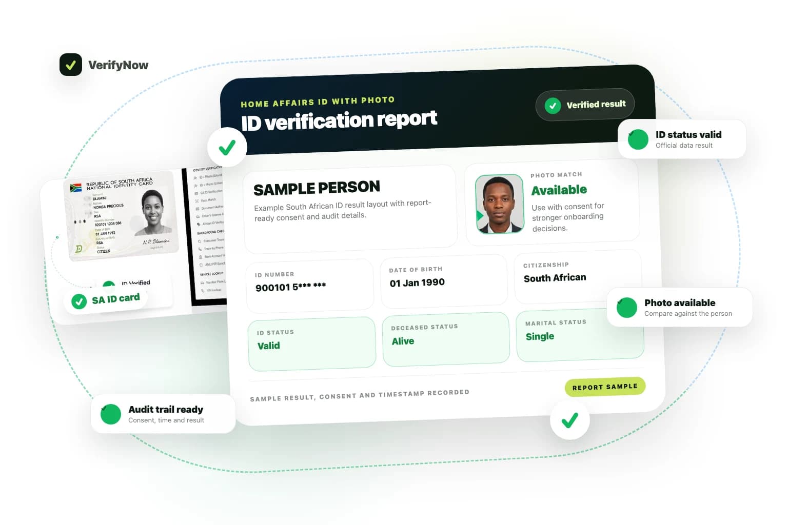 Sample VerifyNow South African ID verification report showing ID status, deceased status, marital status, photo availability, consent and audit trail
