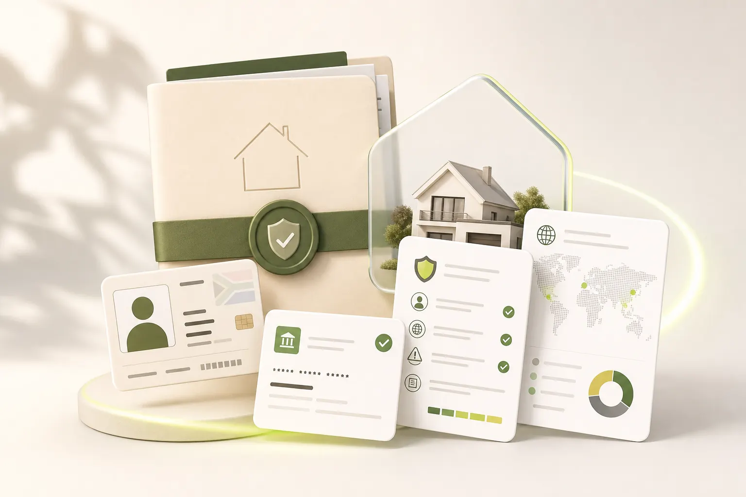 Property sales compliance visual with verified property, ID, bank account and AML screening report cards.