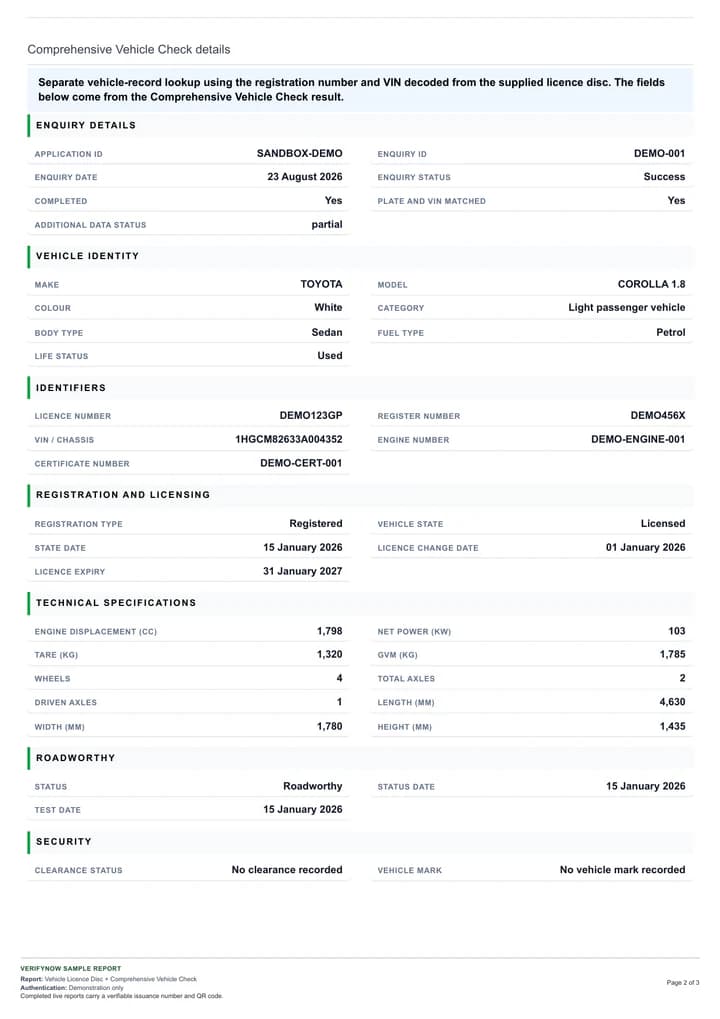 Page 2 of the combined VerifyNow vehicle licence disc sample report