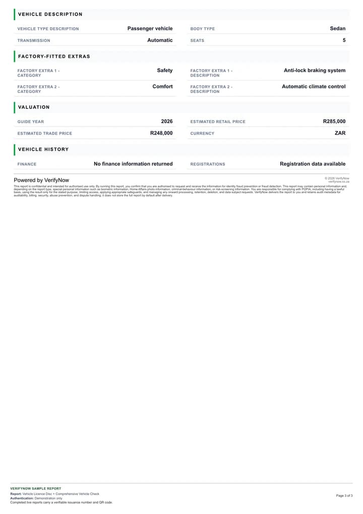 Page 3 of the combined VerifyNow vehicle licence disc sample report
