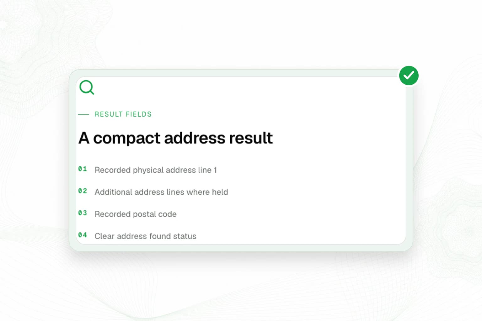 VerifyNow Address Lookup hero showing recorded physical address lines, postal code and address-found status