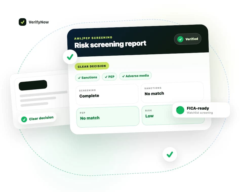VerifyNow AML and PEP screening result showing sanctions, PEP and adverse media checks