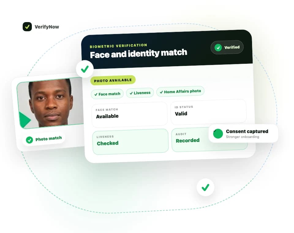 VerifyNow biometric verification result showing face match, liveness and Home Affairs photo availability