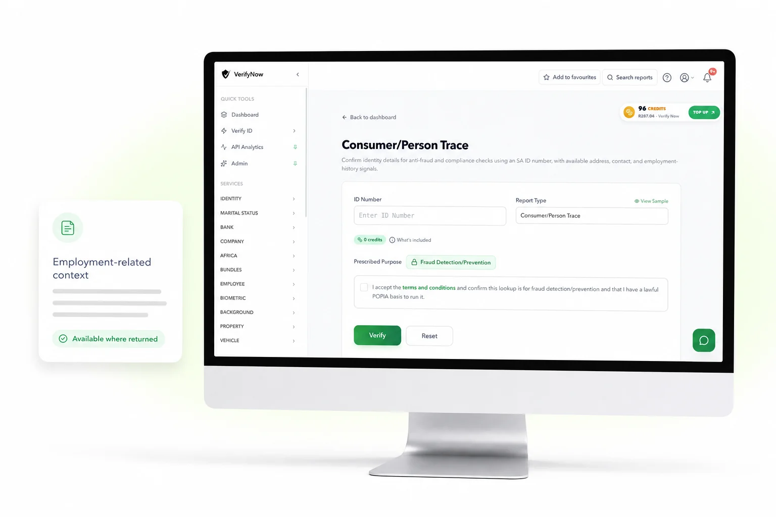 VerifyNow Consumer/Person Trace dashboard showing the employment-related context workflow with blank personal-data fields
