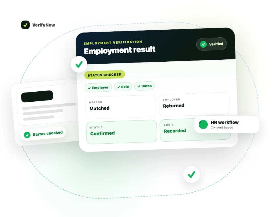 VerifyNow employment verification result showing employer, role and status confirmation