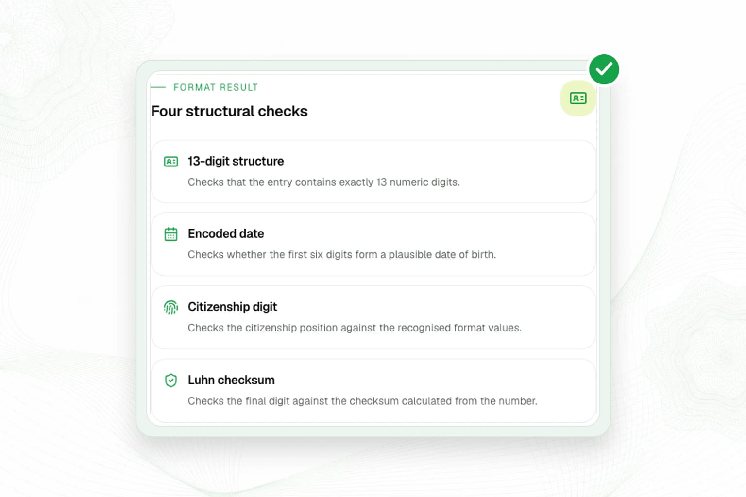 VerifyNow free South African ID format checker hero showing the 13-digit structure, encoded date, citizenship digit and Luhn checksum checks