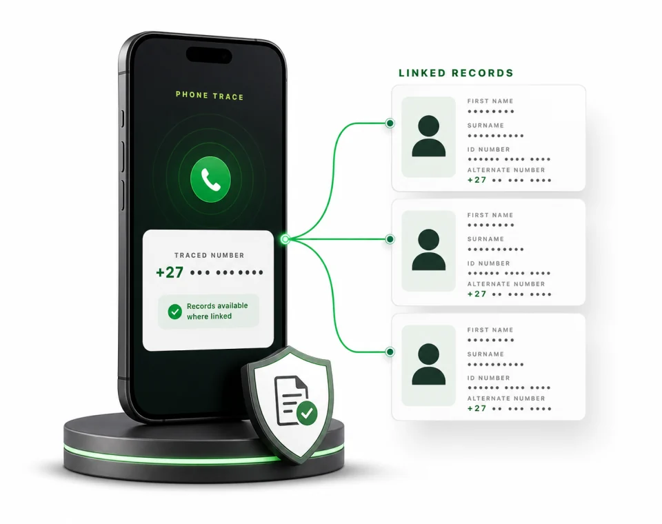 VerifyNow phone trace result showing linked phone record and authorised trace workflow