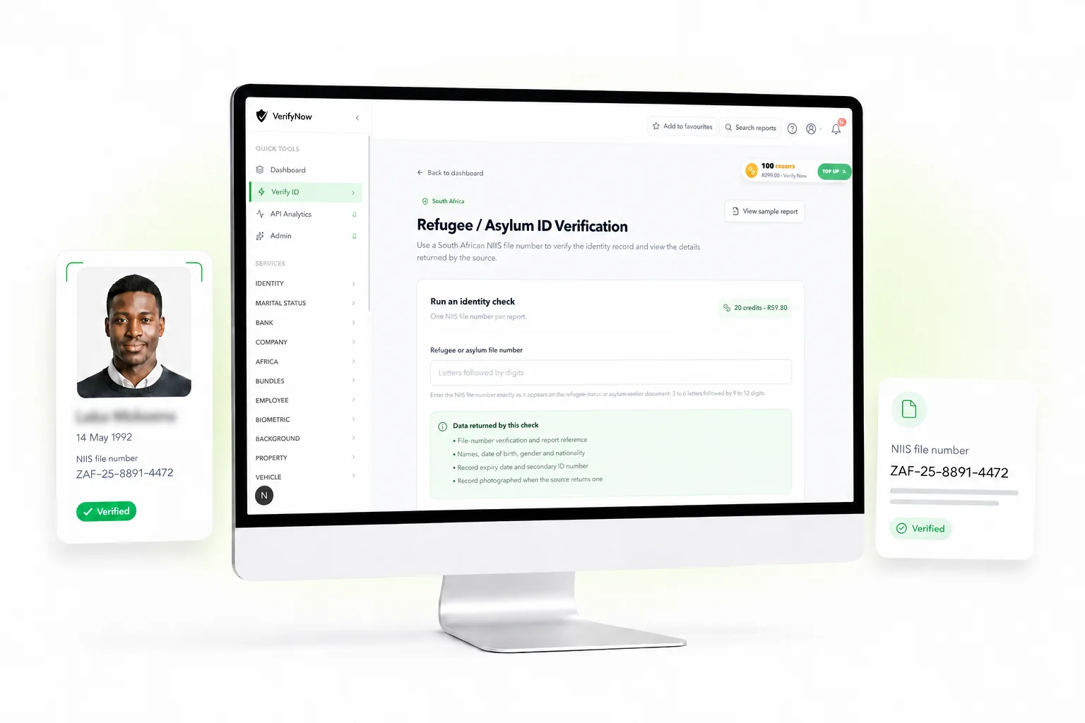VerifyNow refugee and asylum ID verification showing an NIIS file number lookup, returned identity record and verified result