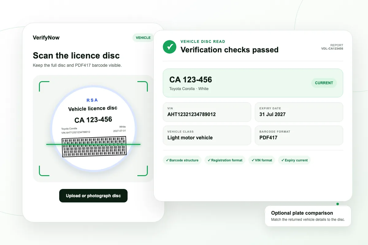 VerifyNow vehicle licence disc scanner showing a South African disc PDF417 barcode, vehicle details, expiry status and optional number plate comparison