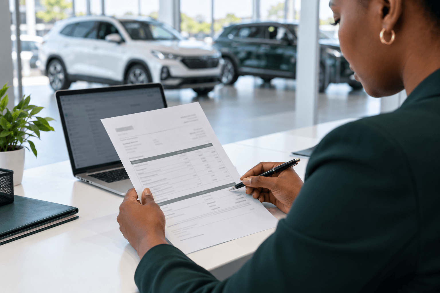 Illustration of a dealership finance professional reviewing a supplier invoice before payment