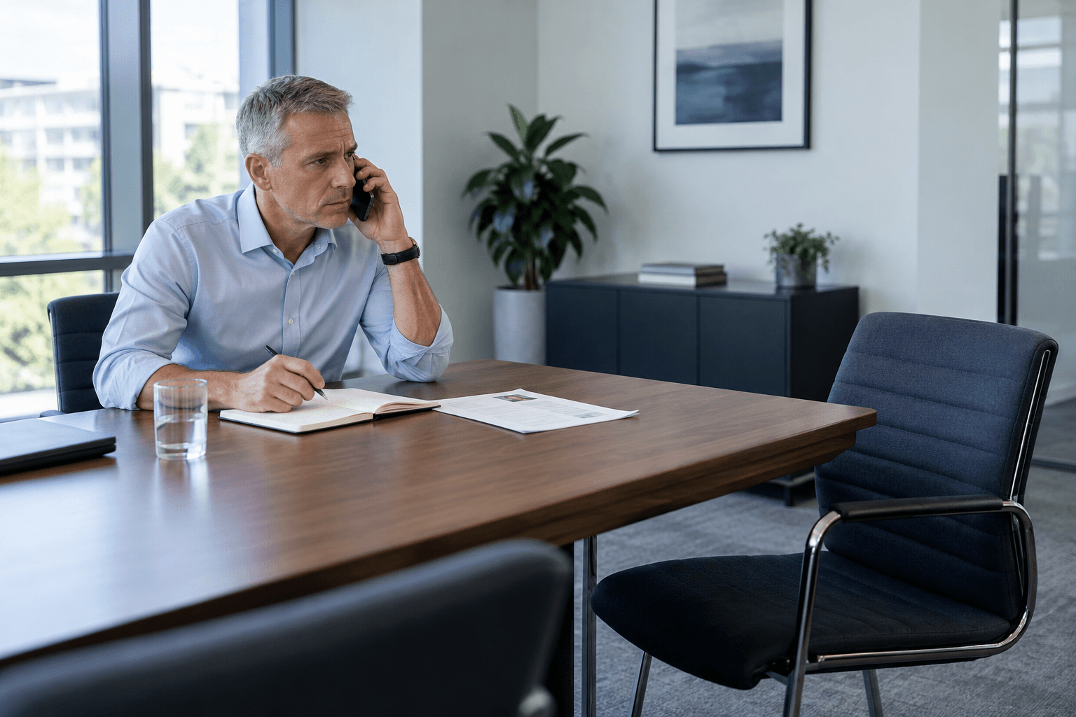 Illustration of an HR professional making a reference call while reviewing an application