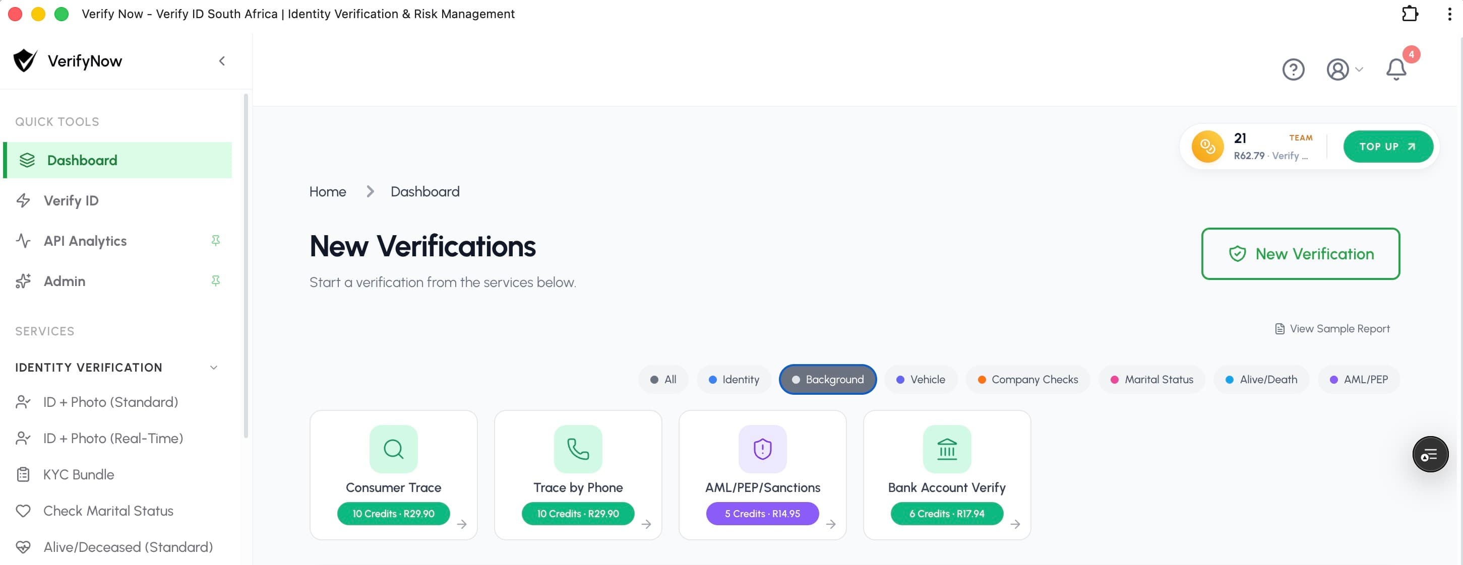 VerifyNow dashboard Background filter showing the Consumer Trace verification card