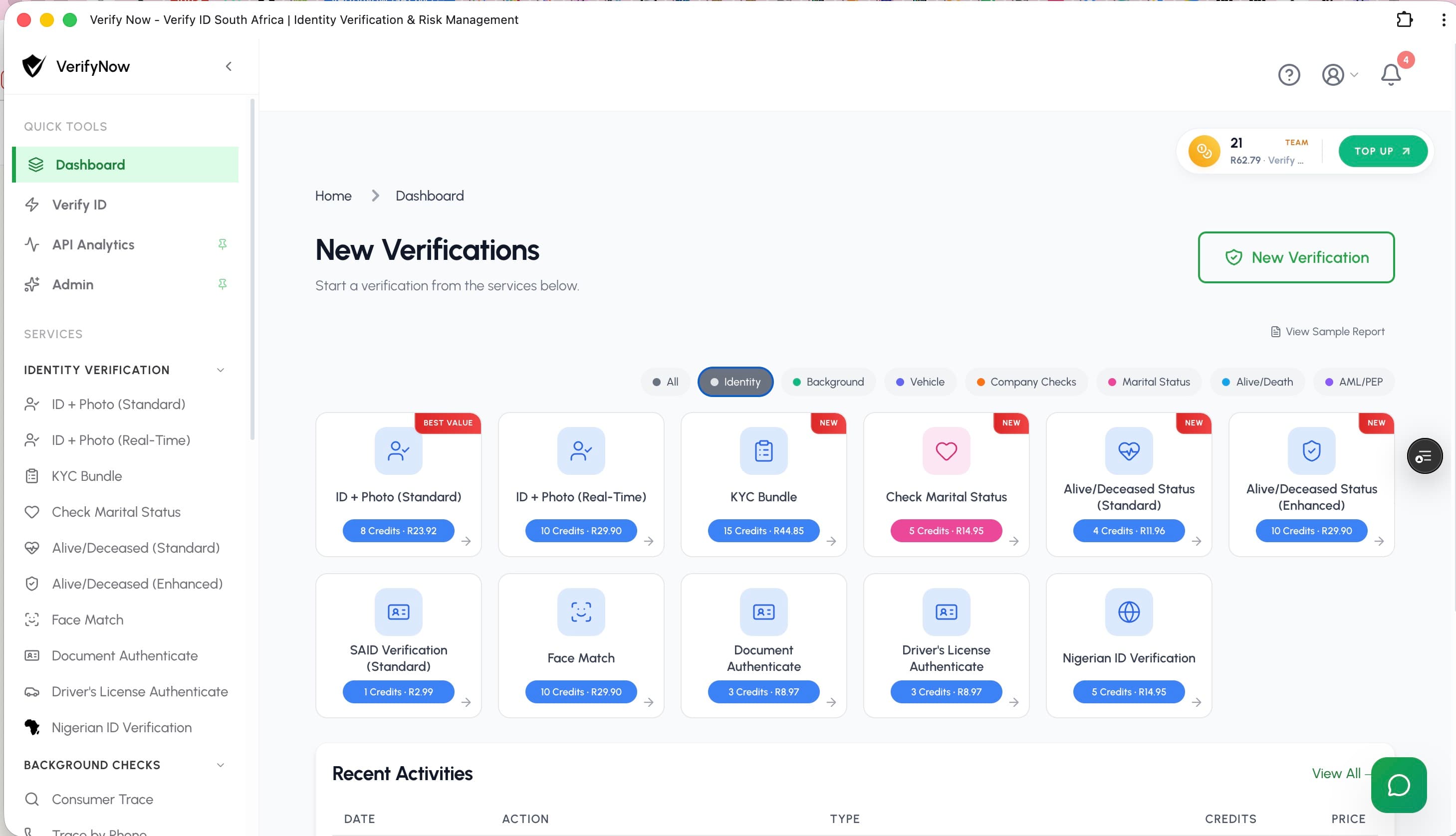 VerifyNow dashboard Identity filter showing ID + Photo and KYC Bundle verification cards