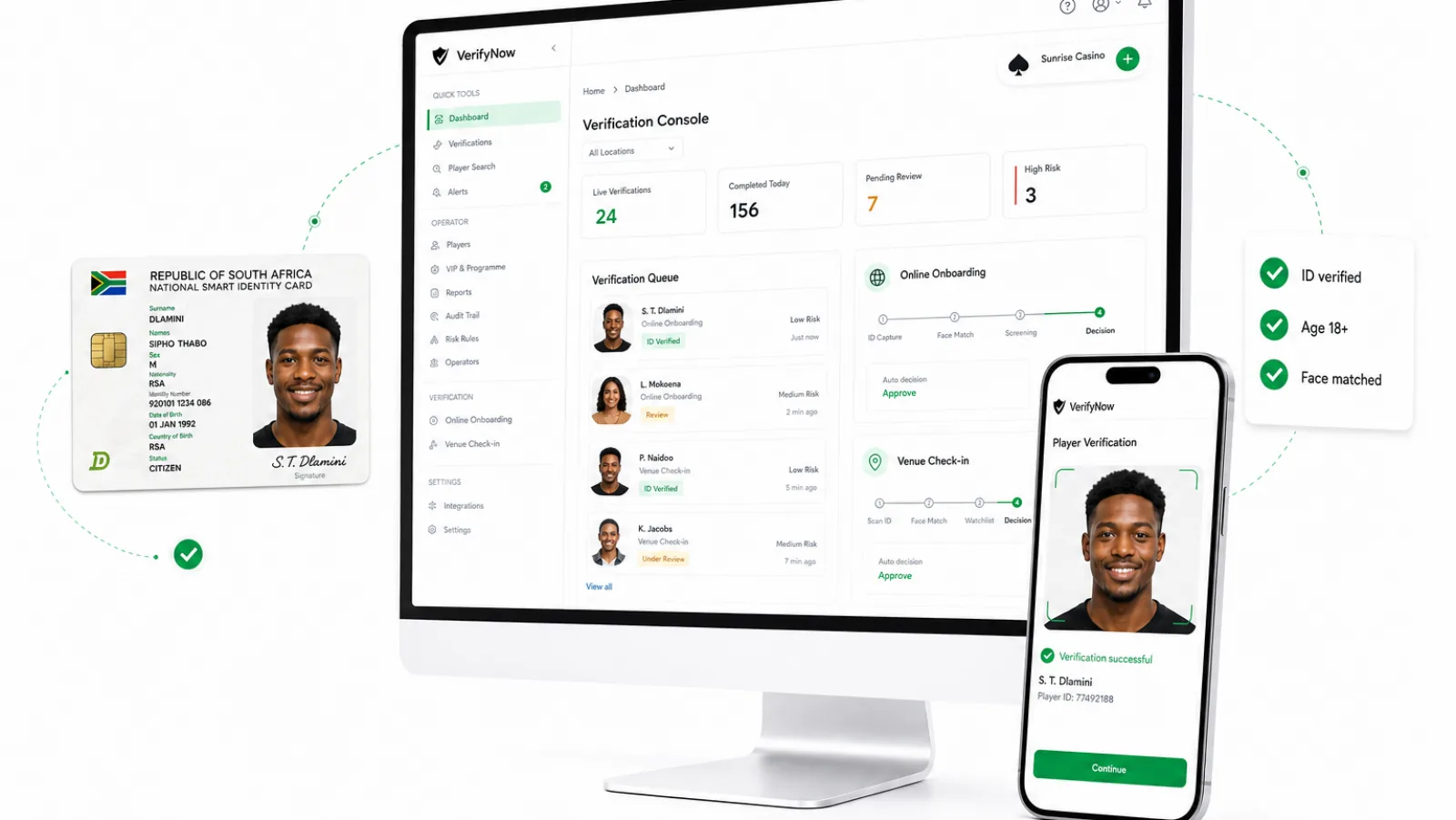 Modular ID and selfie verification for a licensed casino player journey