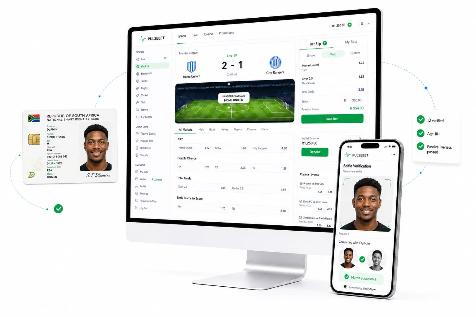 Sports betting app connected to modular ID and selfie verification checks