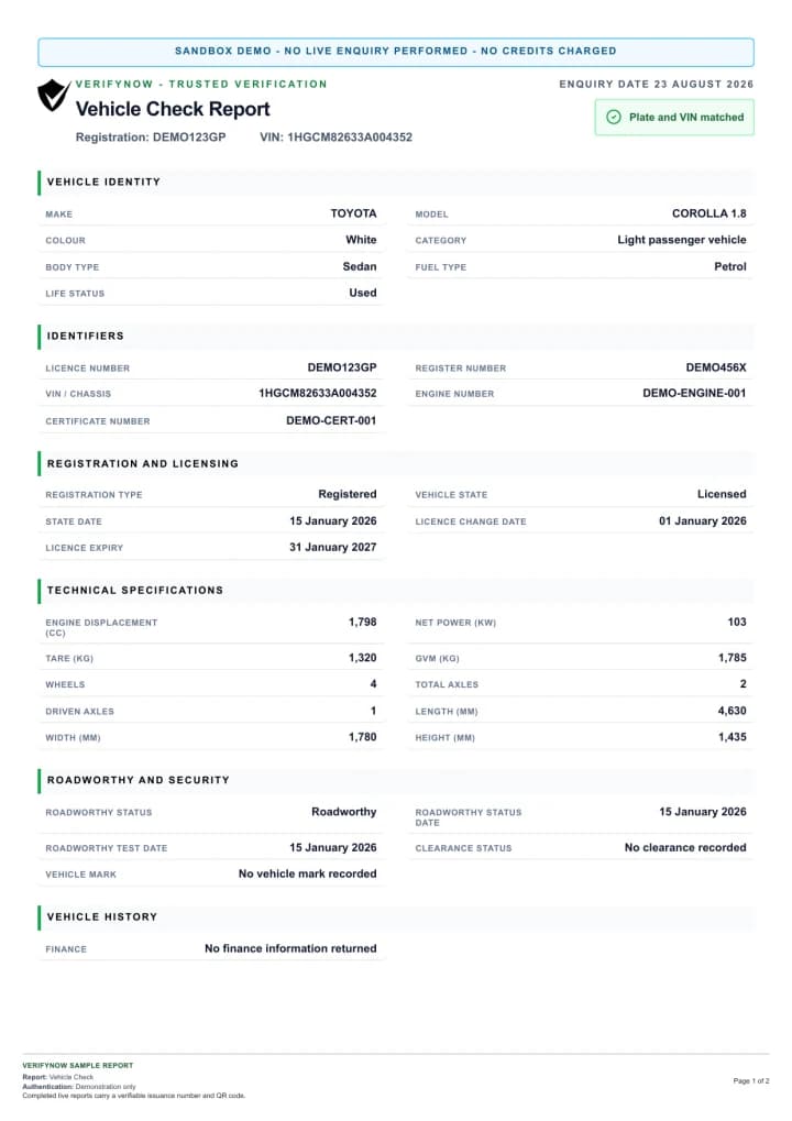Page one of the VerifyNow Vehicle Check demo report