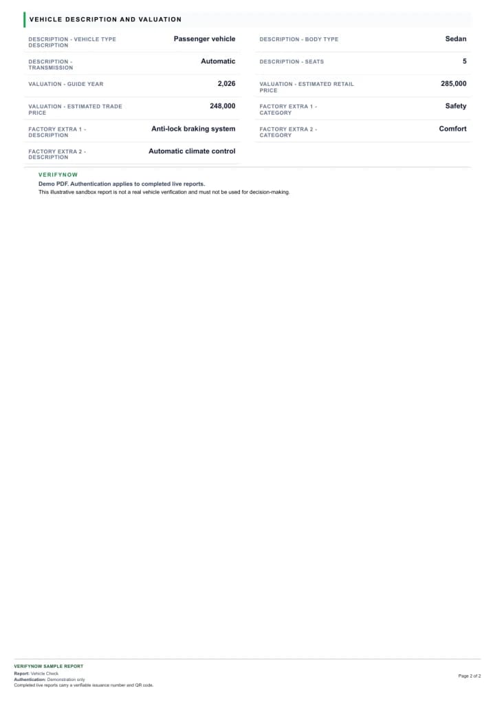 Page two of the VerifyNow Vehicle Check demo report