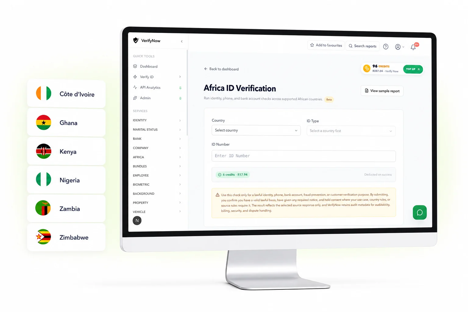 VerifyNow Africa ID Verification dashboard showing empty fields and the six supported countries