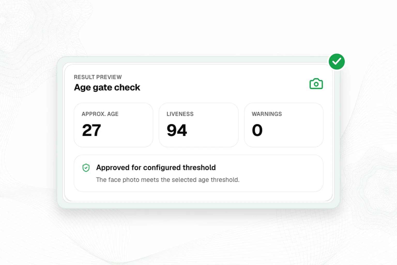 VerifyNow Age Estimation hero showing an illustrative age estimate, passive-liveness score and warnings count