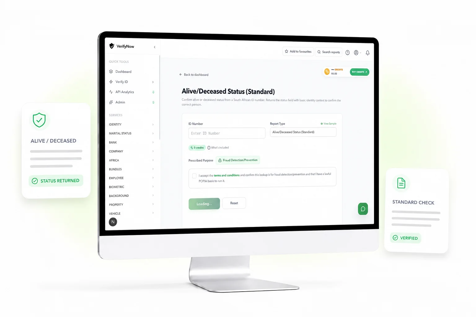 VerifyNow Alive and Deceased Status Standard dashboard for a South African ID number check