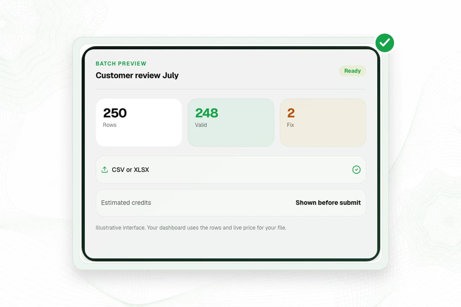 VerifyNow Batch AML screening hero showing an illustrative file review with valid rows, rows to fix and estimated credits