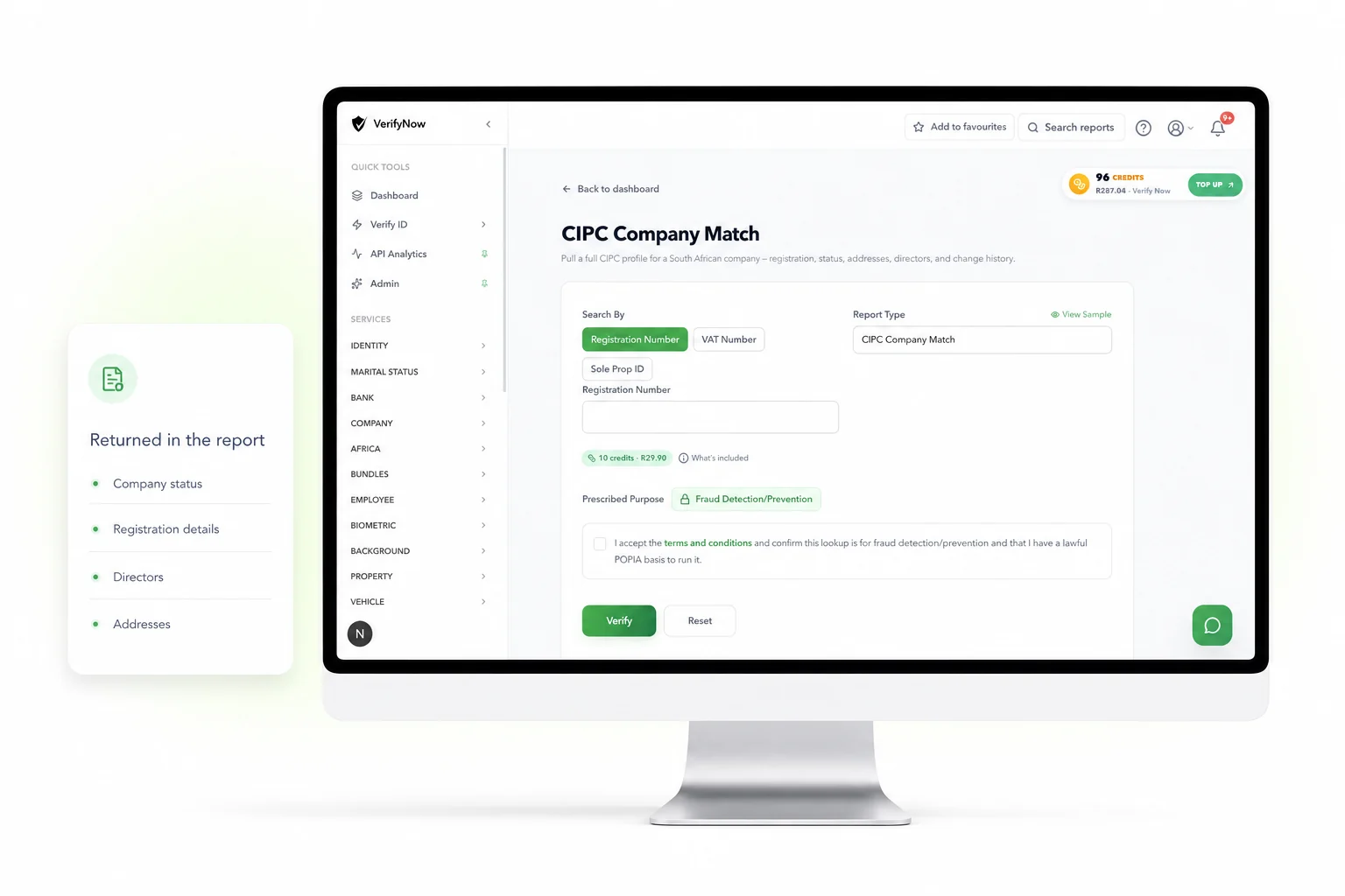 VerifyNow CIPC Company Match dashboard with blank search fields and returned company, director and address field categories