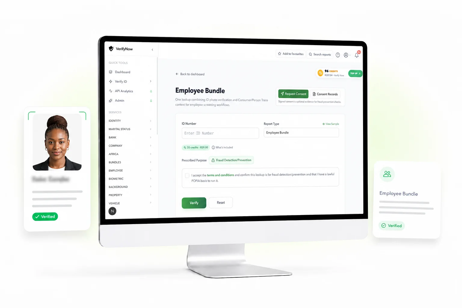 VerifyNow Employee Bundle dashboard showing the ID number field, consent controls and employee screening report selection