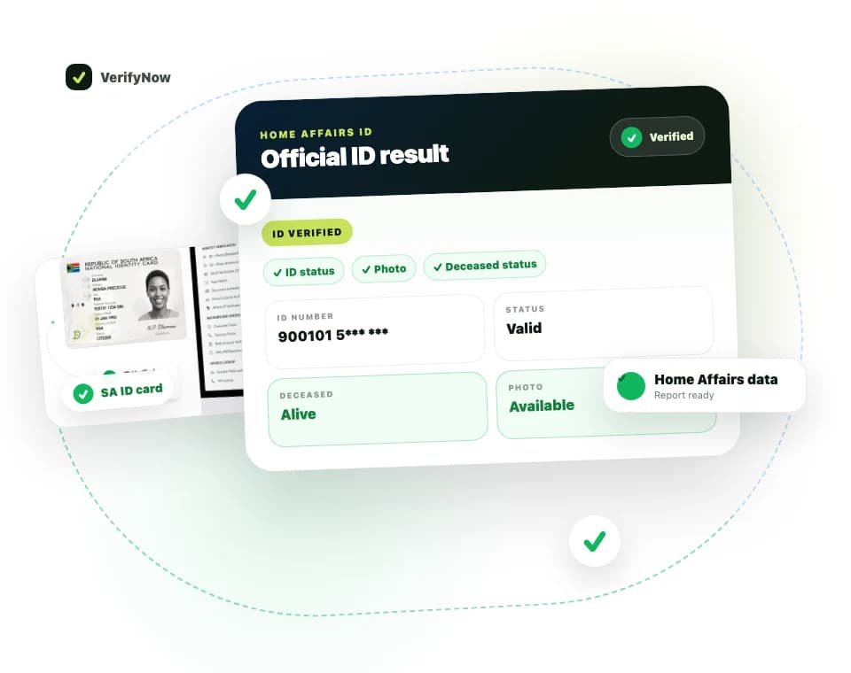 VerifyNow Home Affairs ID verification result showing SA ID card flow, ID status, photo and deceased status