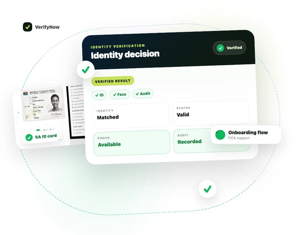 VerifyNow identity verification result showing ID, face and audit checks in one onboarding flow