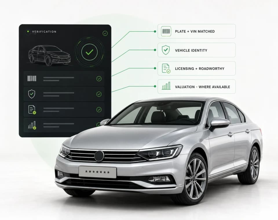 VerifyNow Comprehensive Vehicle Check report showing matched plate and VIN, registration, technical, roadworthy and valuation fields