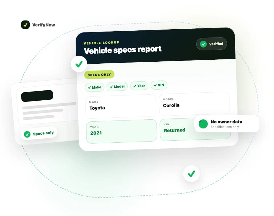 VerifyNow vehicle lookup report showing make, model, year and VIN specifications only