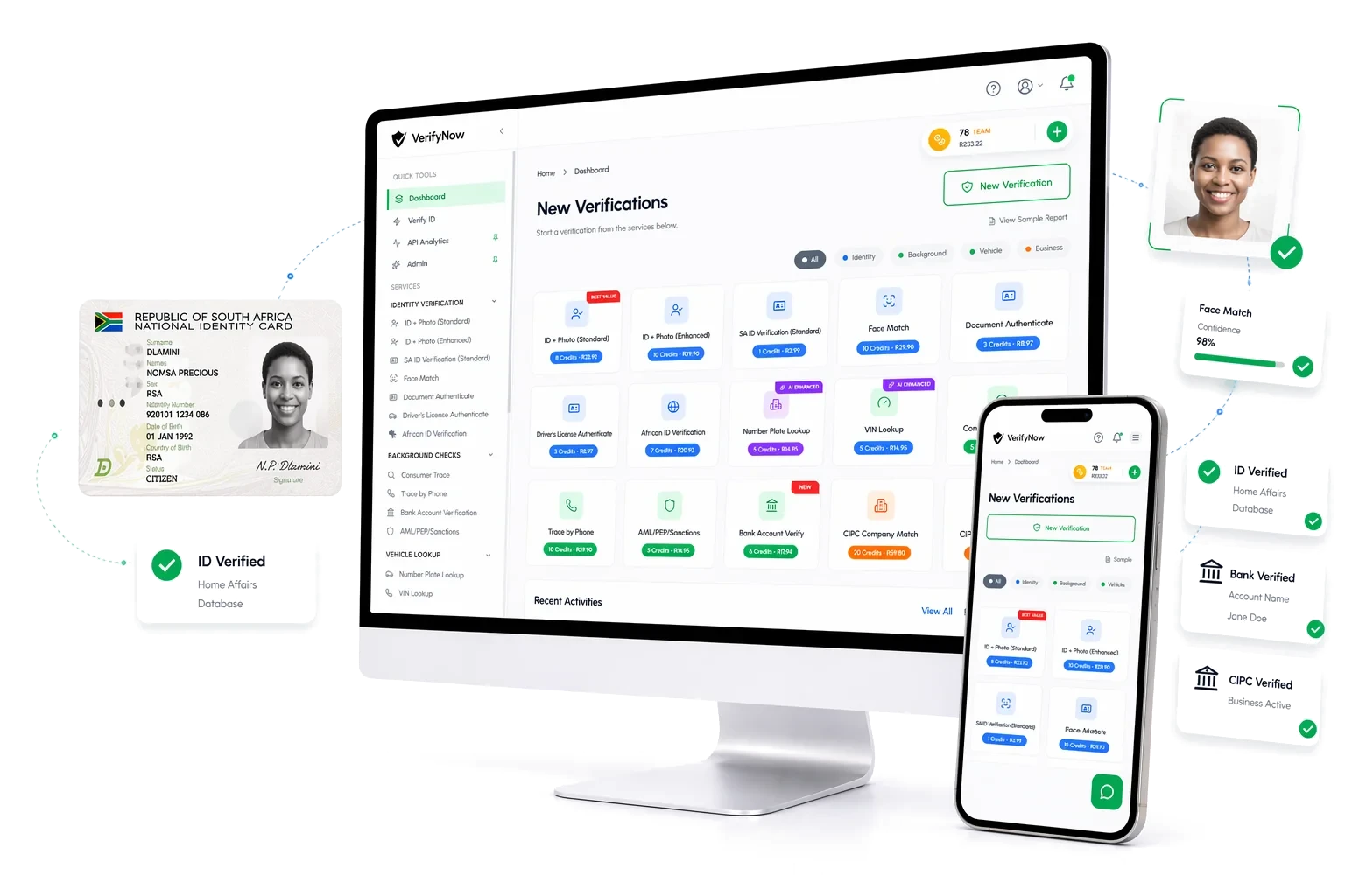 VerifyNow dashboard showing SA Home Affairs ID verification, face match, and bank account verification running live